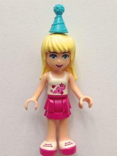LEGO Minifigure-Stephanie, Magenta Layered Skirt, White Top with Stars, Medium Azure Party Hat-Friends-FRND136-Creative Brick Builders